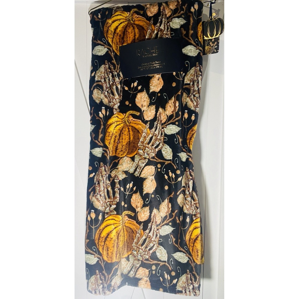 Rachel Roy Pumpkin Skeleton Hand Oversized Plush Throw Blanket 60x70 Halloween
